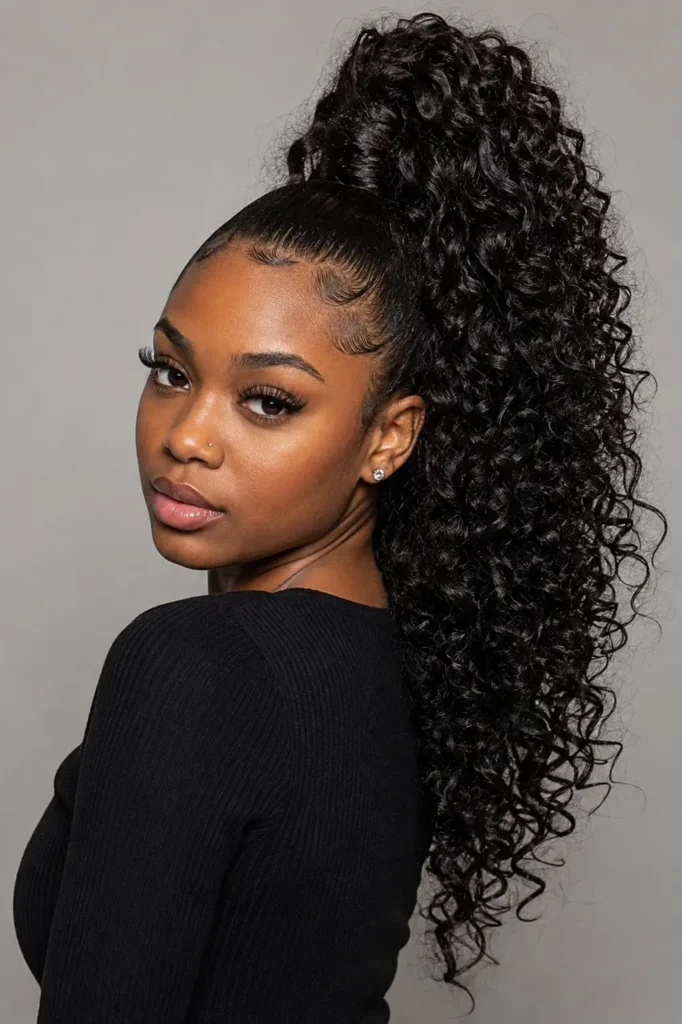 Black woman wearing an extra-high curly ponytail with large, bouncy natural curls, perfectly laid baby hairs, simple earrings, and glowing skin against a neutral studio background in editorial hairstyle photography.