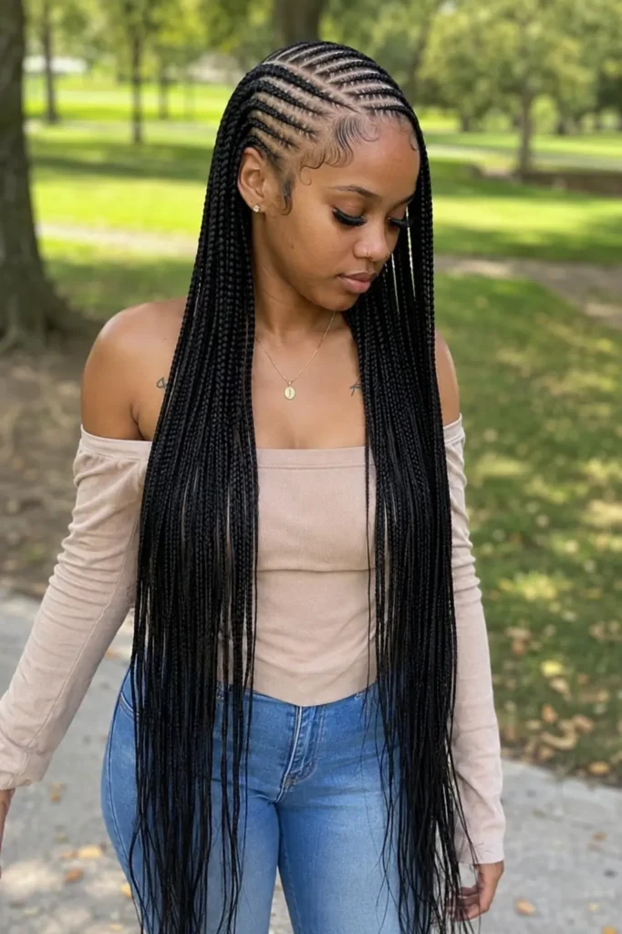 Black woman wearing extra-long waist-length lemonade braids with sleek side-swept feed-in cornrows, smooth laid baby hairs, and long black braids cascading below her waist.