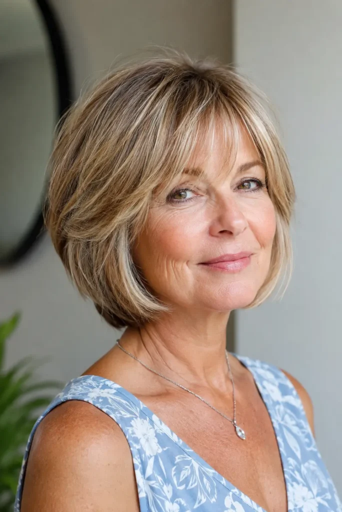 a woman around 60 with a face-framing layered bob for thin hair, soft cheekbone-length layers, fuller-looking ends, subtle crown lift, and natural fine hair texture, shown in natural window light.