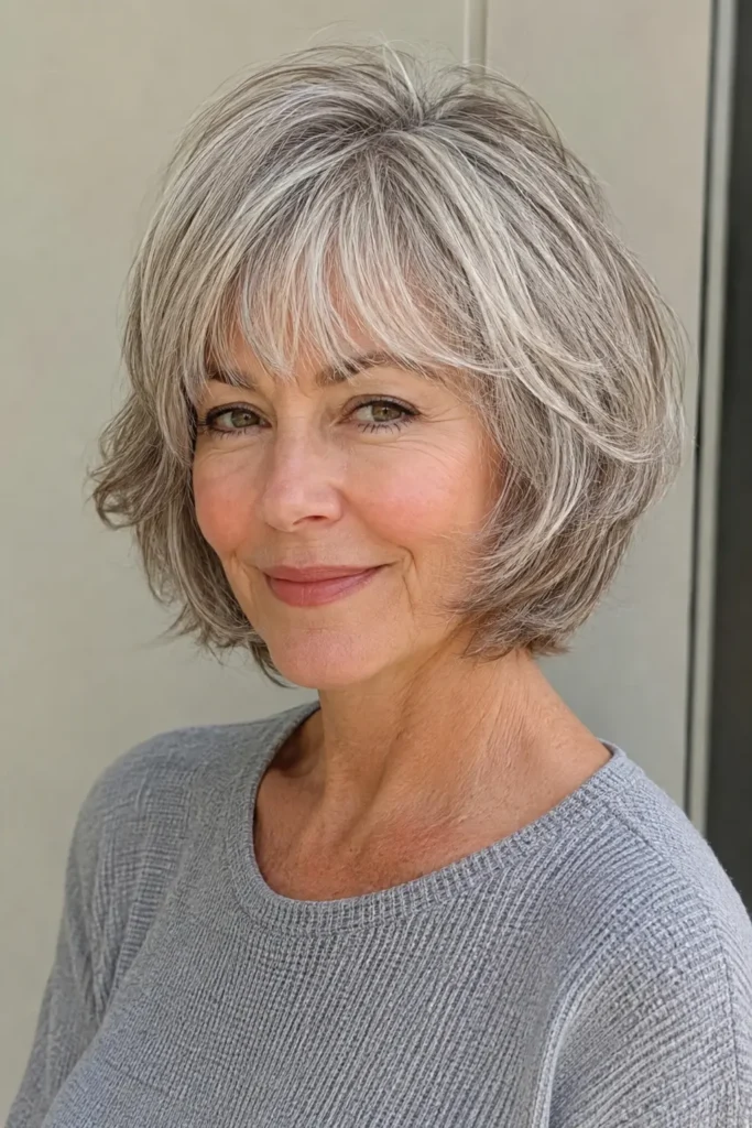 woman around 64 with a feathered layered silver-gray bob, wispy airy bangs, softly feathered side layers, and gentle crown volume, shown in a close three-quarter front view with natural mature skin texture and realistic individual hair strands.
