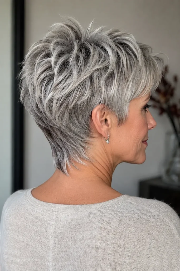 older white woman with a feathered, choppy silver-gray pixie haircut, textured layered crown, tapered sides, and softly longer feathered nape, shown from a three-quarter rear-side view.