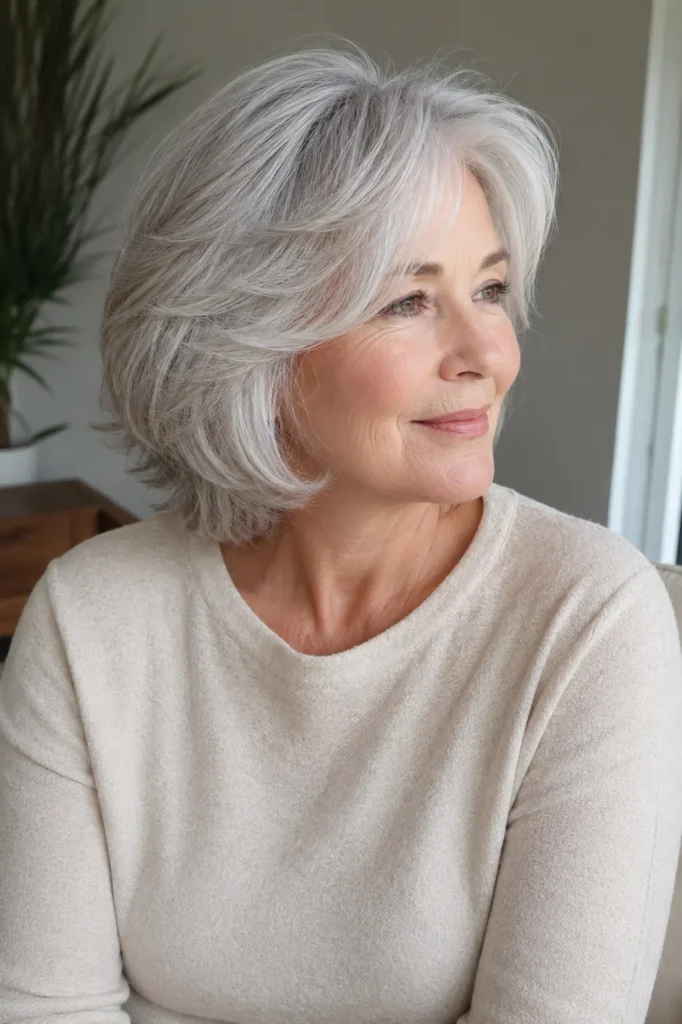 older white woman with a feathered layered silver-white bob, soft face-framing layers, airy crown volume, and tapered feathered ends.
