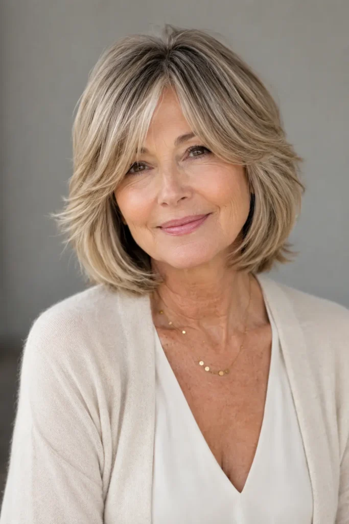 a mature white woman around 60 wearing a feathered shoulder-length bob for thin hair, featuring soft outward layers, a lifted crown, face-framing pieces, and fuller-looking ends, shown in natural daylight.