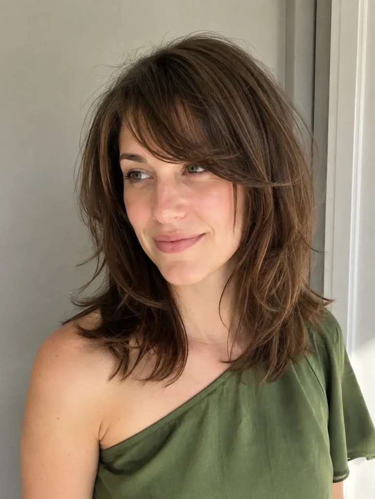adult white woman with medium-length chestnut brown hair, feathered side-swept bangs, soft face-framing layers, and airy blowout ends, wearing a green one-shoulder sleeveless blouse in natural daylight.