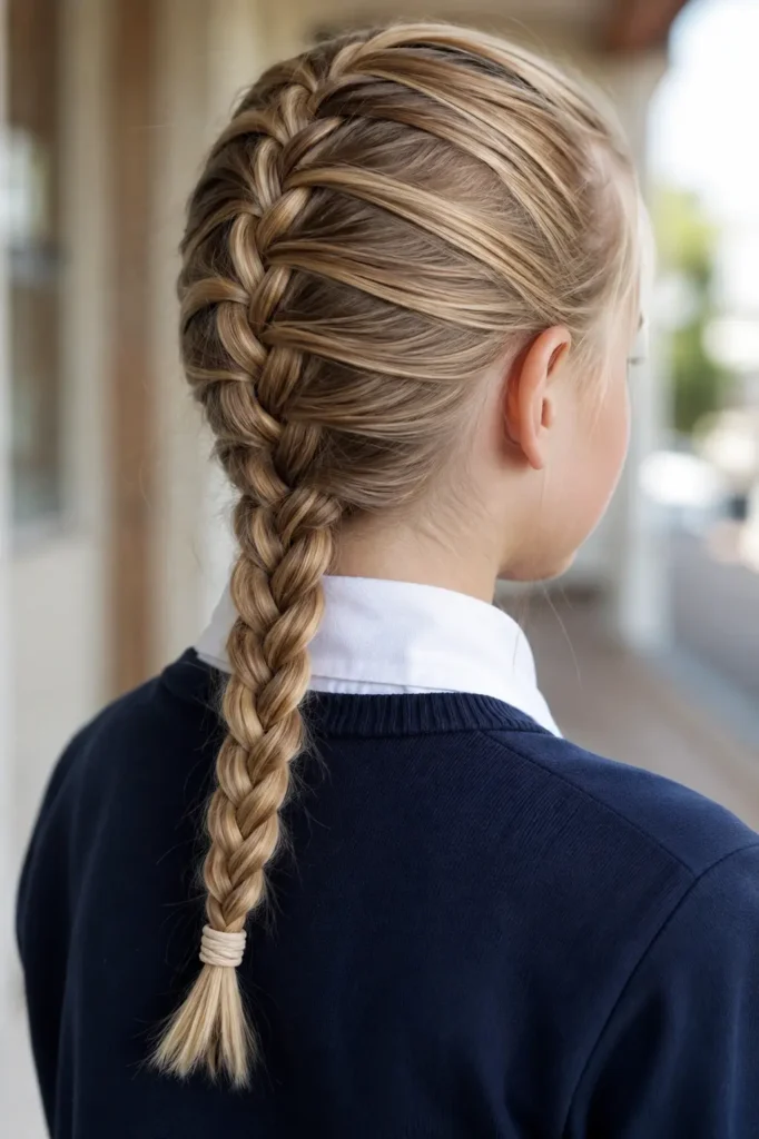 A close-up of a young girl with a neatly woven classic French braid starting at the crown, showcasing smooth blonde hair, clean braid sections, and a navy school cardigan against a softly blurred school corridor.