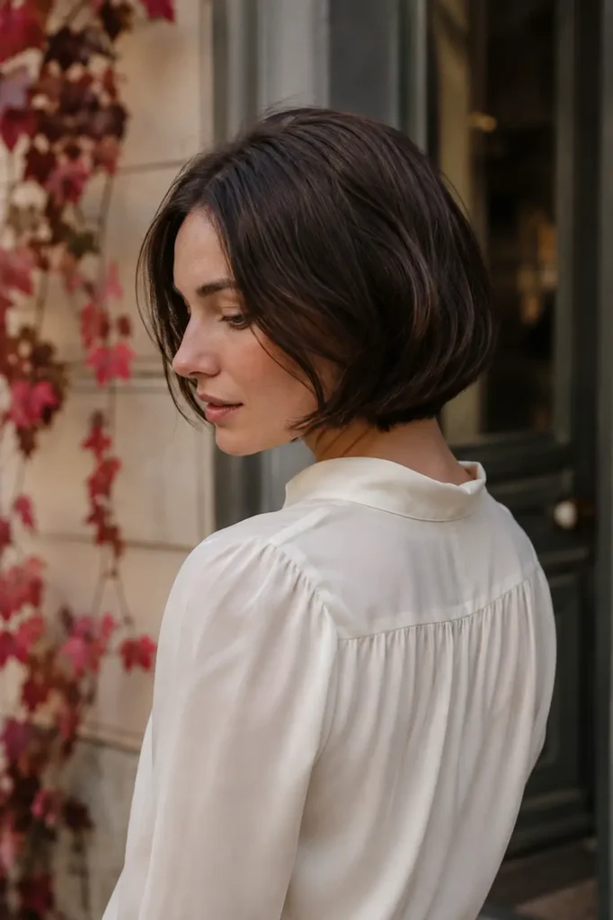 a woman with a sleek brunette French micro bob, clean center part, and softly curved jaw-length ends, photographed from a three-quarter rear-side view in autumn light.
