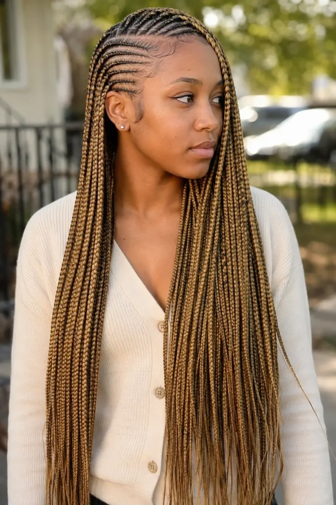 Black woman wearing glamorous waist-length lemonade braids with sleek side-swept feed-in cornrows, neat scalp partings, laid baby hairs, and extra-long braids draped over one shoulder, dressed in a modest cream cardigan against a softly blurred outdoor daylight background.