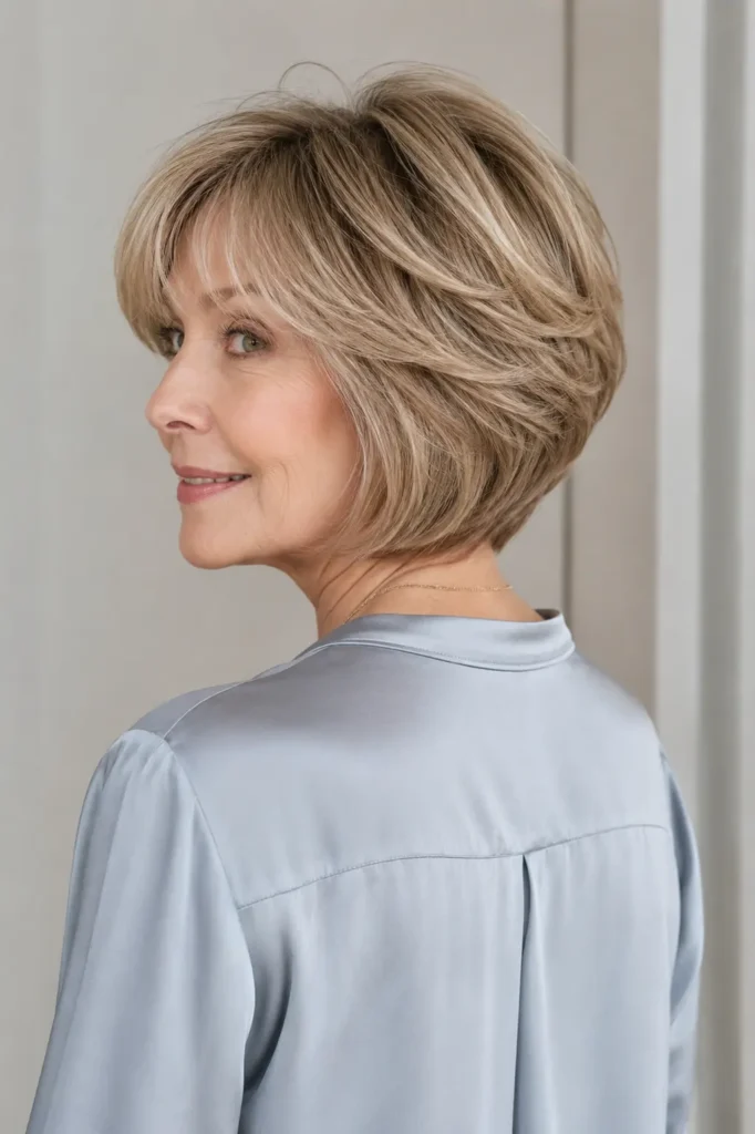 white woman with a softly graduated layered bob for thin hair, featuring stacked back layers, a lifted crown, fuller neckline, and polished ends, shown from a three-quarter rear-to-front angle.