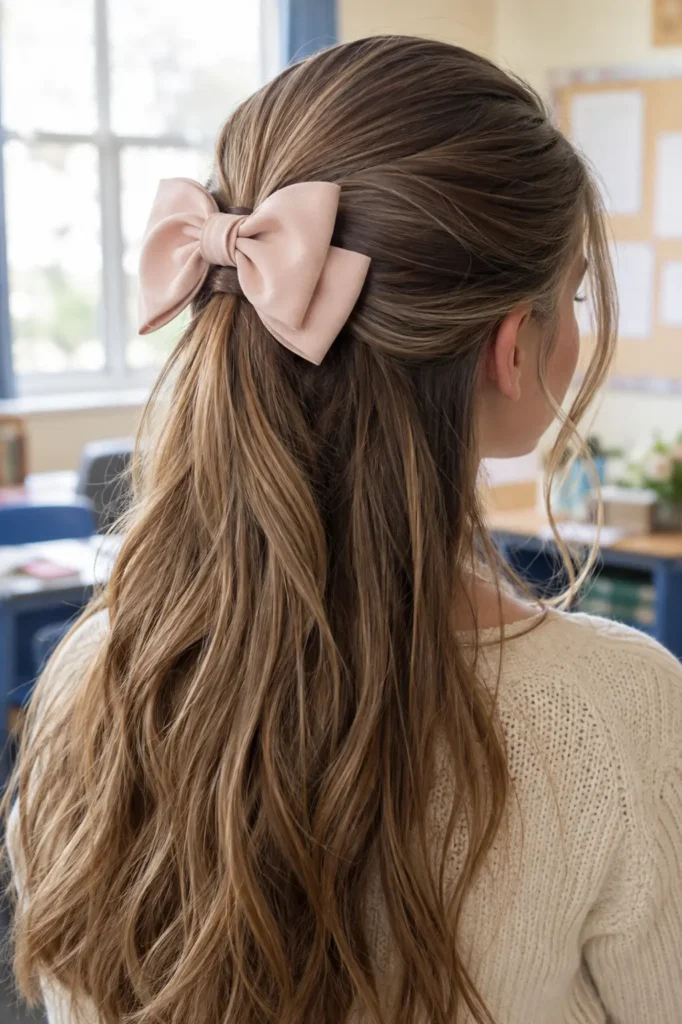 Back view of a young white girl with a half-up hairstyle tied with a soft pastel bow in a bright classroom.