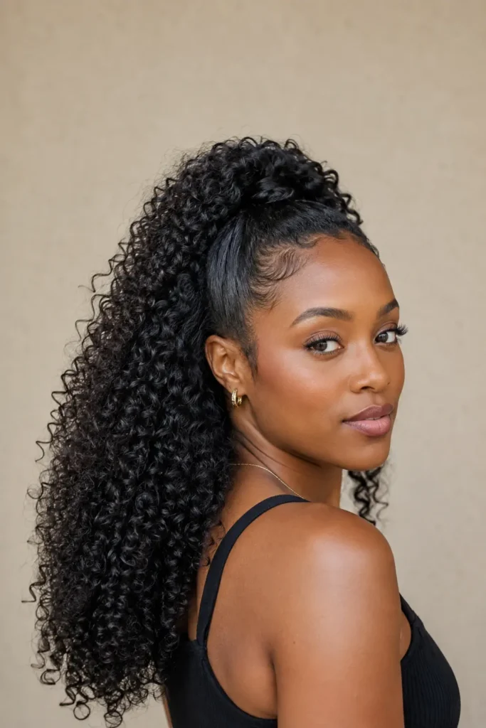 Black woman wearing a half-up curly ponytail with naturally defined curls cascading down her back, healthy textured hair, subtle makeup, and a neutral background in soft editorial lighting.