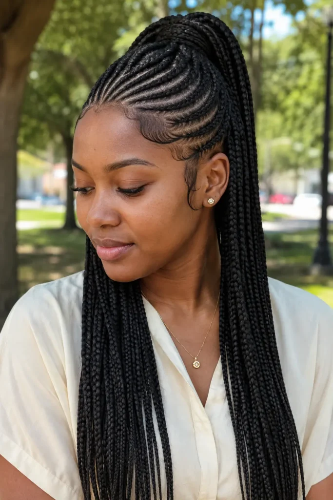 Black woman wearing half-up half-down lemonade braids with sleek side-swept cornrows, ponytail top section, and long flowing braids in a blurred park setting.
