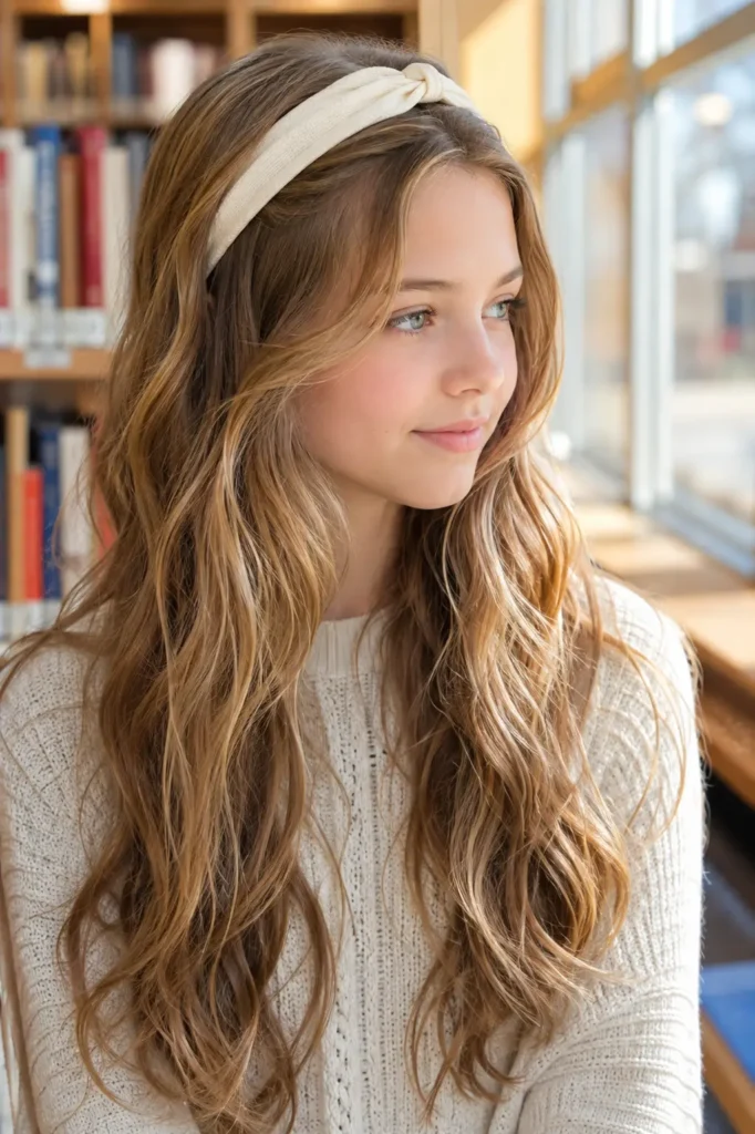 Young white girl with long soft loose waves and a cream fabric headband, wearing an ivory knit sweater in a sunlit school library, with glossy natural hair and gentle face-framing waves as the main focus.