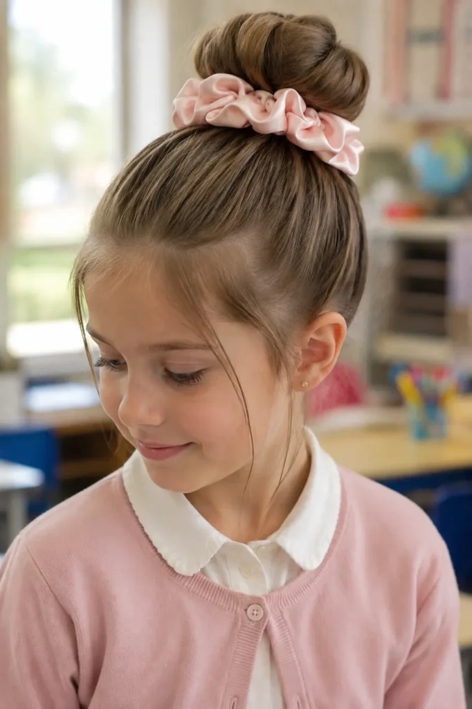 young white girl with a neat high bun, pastel pink scrunchie, and light pink cardigan in a softly blurred classroom, with the hairstyle as the main focus.