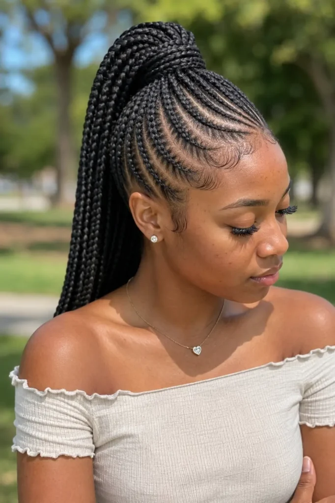 High ponytail lemonade braids with sleek side-swept feed-in cornrows on a real Black woman, featuring laid baby hairs, natural skin texture, minimal makeup, a neutral Western top, and a softly blurred park background in natural daylight.