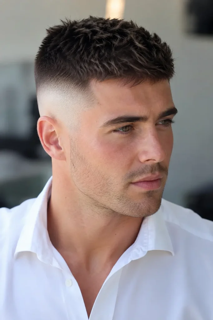 white man with a dramatic high skin fade and textured short top, wearing a white shirt.