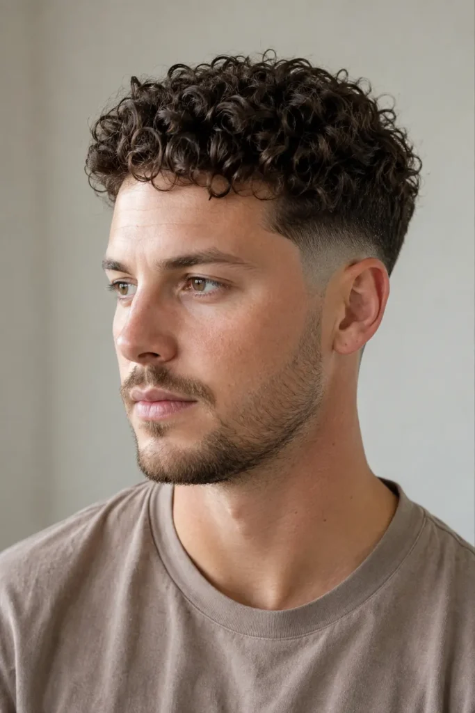white man with a high taper fade and naturally curly textured top, shown in three-quarter view with defined curls, tapered temples, and a clean neckline.