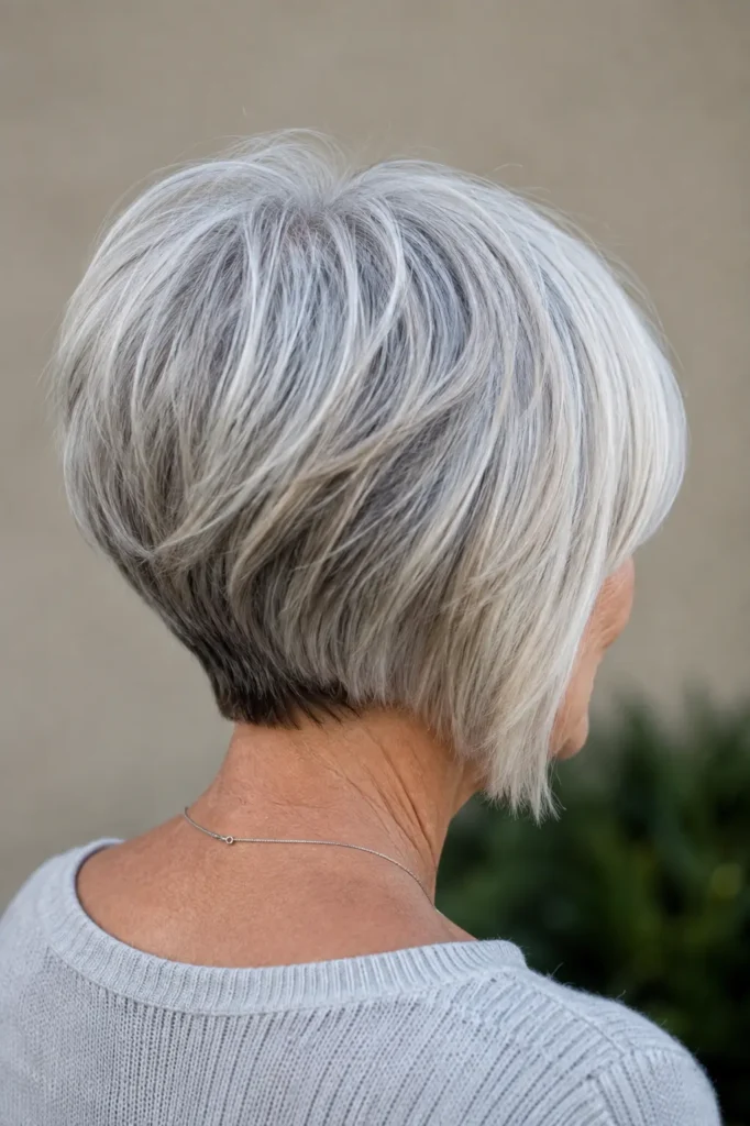 a 65-year-old woman showcasing an inverted layered silver bob with a shorter graduated back, longer front sections, subtle stacked layers, natural crown volume, and realistic mature skin and hair texture.