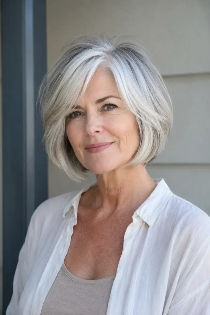 woman in her early 60s with a jaw-length layered silver-white bob, softly layered sides, subtle crown volume, and a clean textured perimeter, shown in a three-quarter front view against a neutral background.