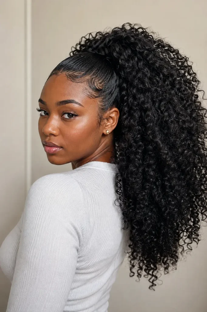 Black woman wearing a huge jumbo curly ponytail with thick, defined natural curls and laid edges, photographed against a soft neutral background in an editorial-style portrait emphasizing hair volume and curl definition.
