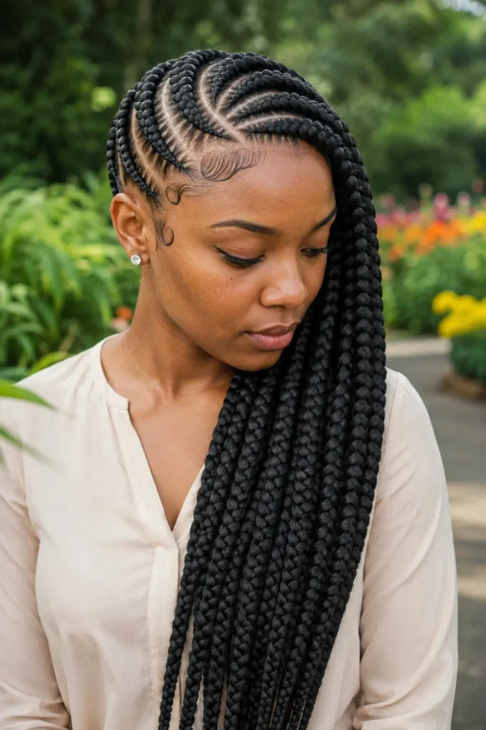 Jumbo side-swept lemonade braids on a Black woman in a botanical garden.