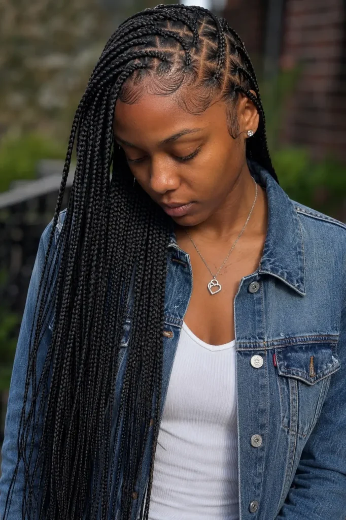 Black woman wearing waist-length knotless lemonade braids with sleek side-swept feed-in cornrows, laid baby hairs, and a denim jacket in a softly blurred outdoor setting.