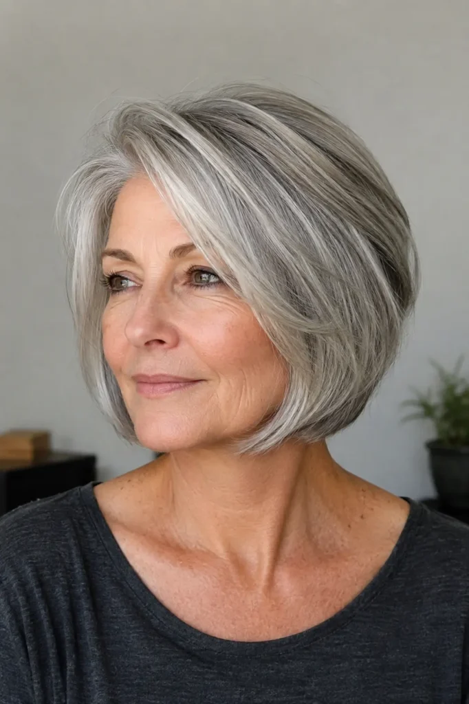 65-year-old white woman with a layered silver-gray bob, soft cheekbone-to-jaw face-framing layers, natural crown volume, and realistic mature skin texture.