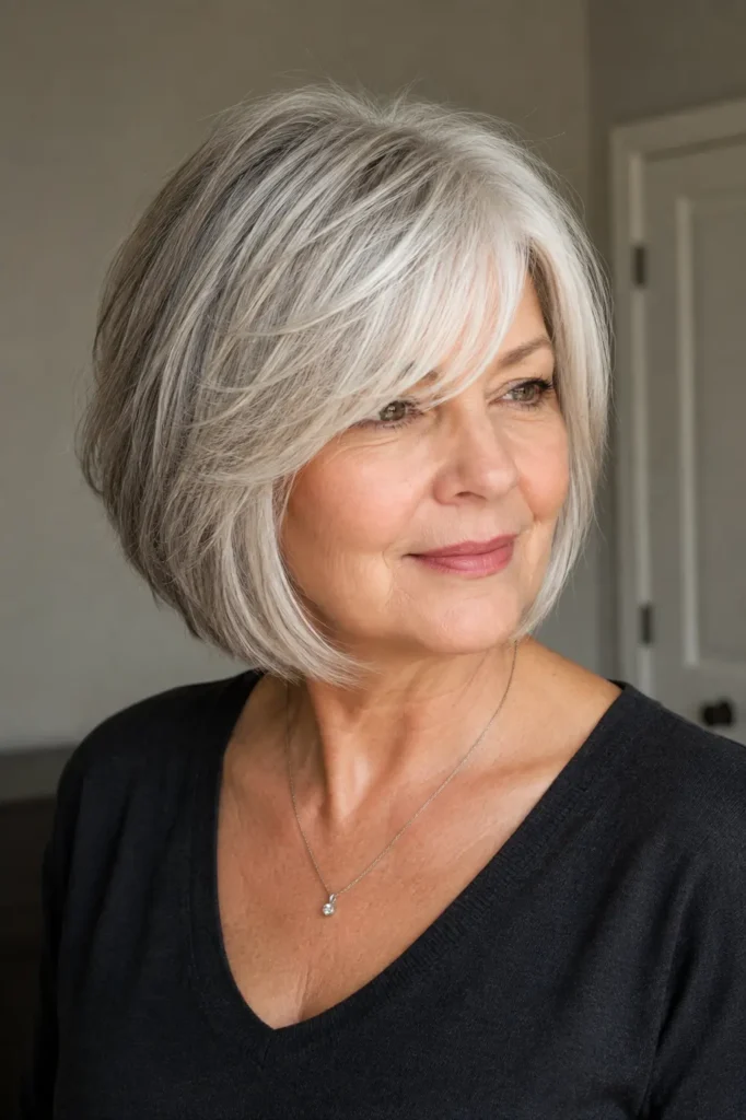 older white woman with a silver-gray layered bob, long side-swept bangs, and soft crown volume, shown in three-quarter view with natural skin texture and soft daylight.