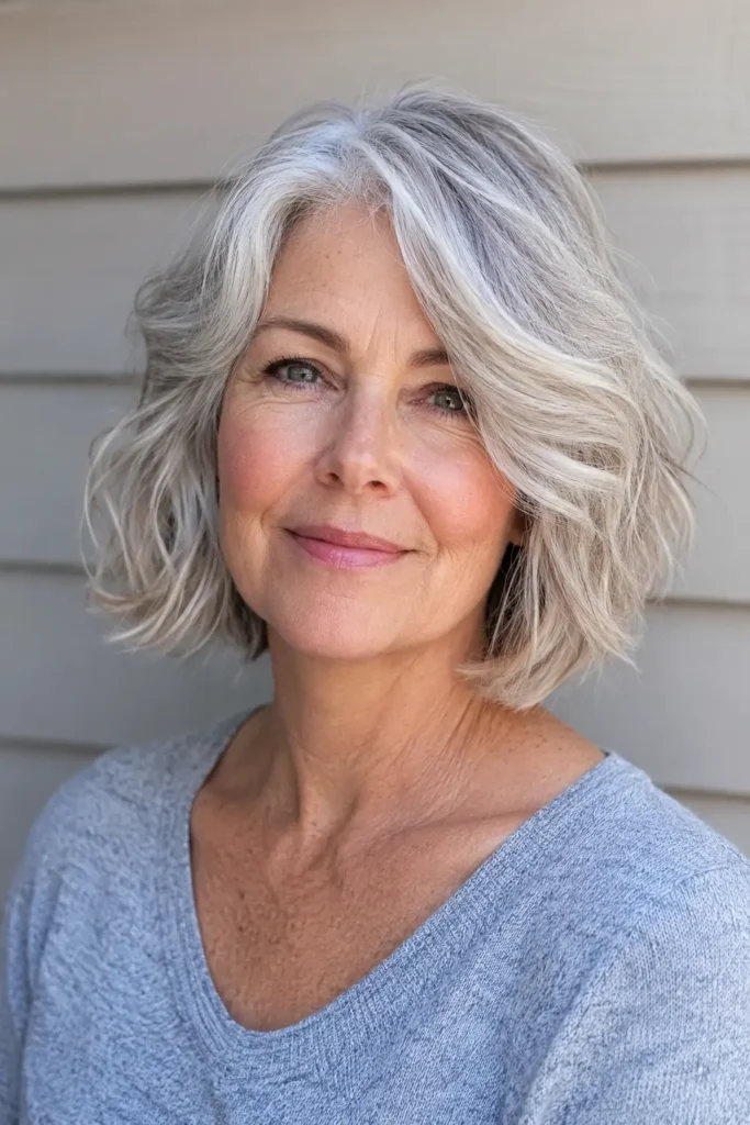 woman in her early 60s with a softly wavy layered silver-white bob, airy crown volume, blended layers, and textured ends, shown in a three-quarter front view with natural daylight and a neutral background.