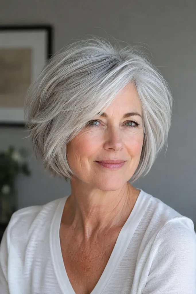 a woman in her mid-60s with a silver-white layered bob, softly tapered ends, blended crown layers, natural volume, and realistic mature skin texture, shown in three-quarter view against a neutral background.