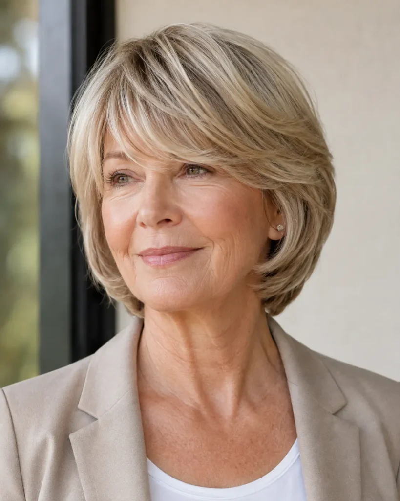 woman around 60 with a layered bob haircut, elegant side-swept bangs, subtle crown layers, natural root lift, and fine textured strands. Close head-and-shoulders portrait in natural daylight with realistic mature skin and a neutral background.