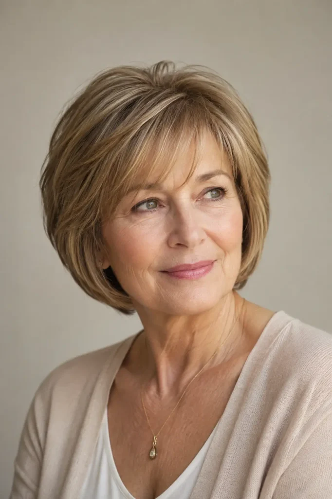 woman in her early 60s with a chin-length layered bob for thin hair, subtle crown layers, softly graduated back, and fuller-looking ends, shown in a three-quarter front upper-body portrait with natural fine hair texture, realistic skin, and soft daylight against a neutral background.