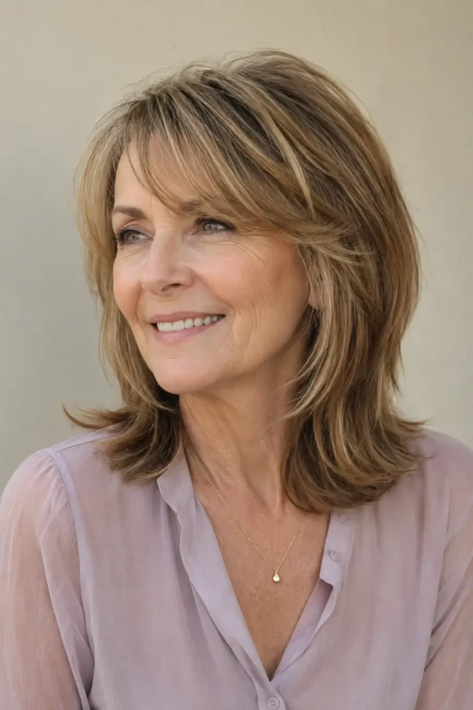Layered haircut with soft side-swept fringe, adding gentle volume, movement, and face-framing texture for a flattering, modern look.