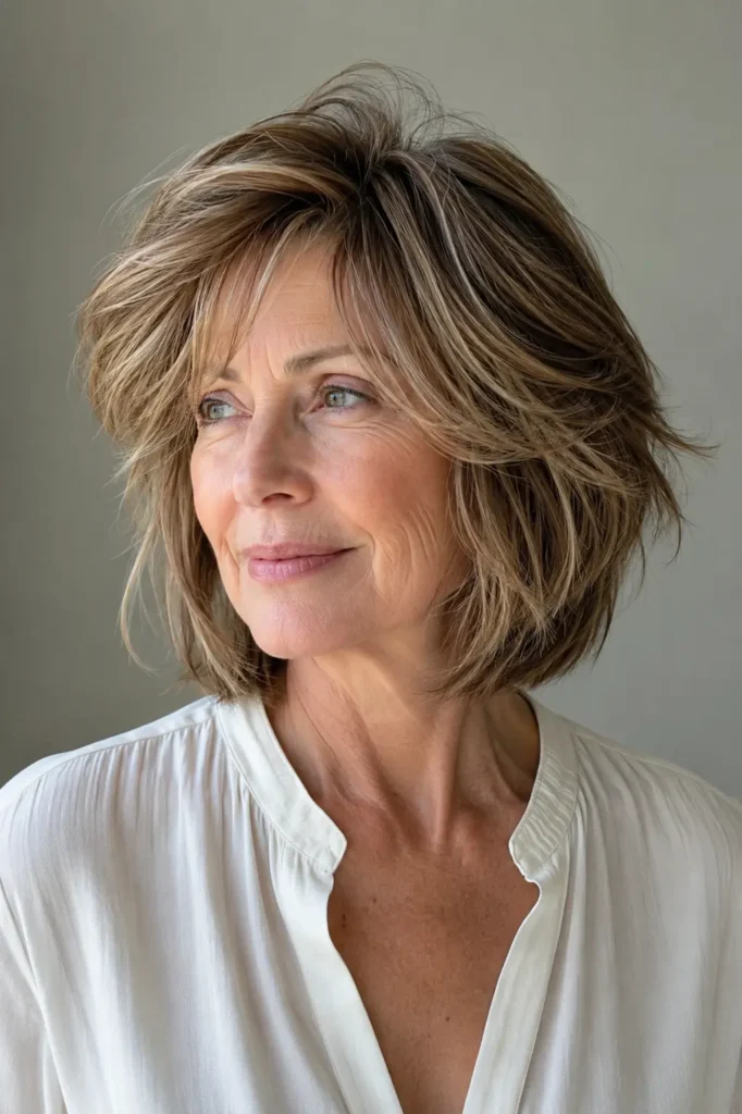 mature white woman around 60 with a layered medium haircut for thin hair, featuring natural crown volume, soft face-framing layers, and fuller-looking sides, shown in a three-quarter view.