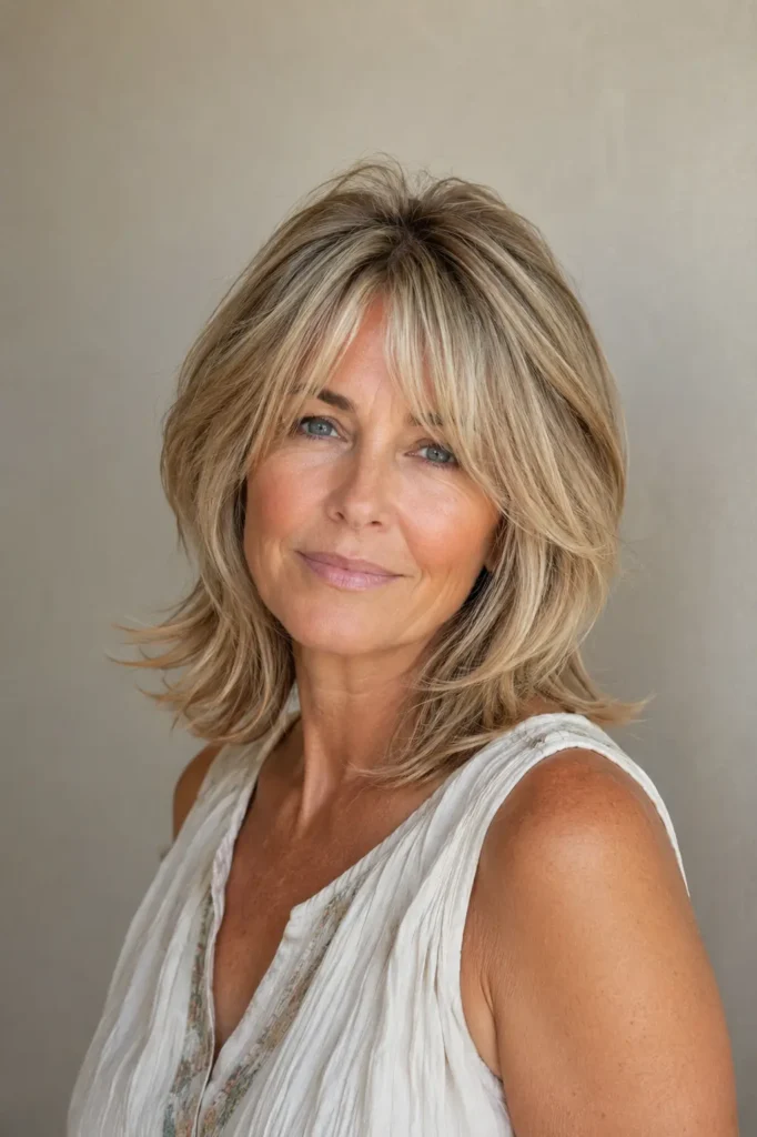 woman in her late 50s with medium-length layered hair, soft curtain bangs, face-framing layers, and natural crown volume.
