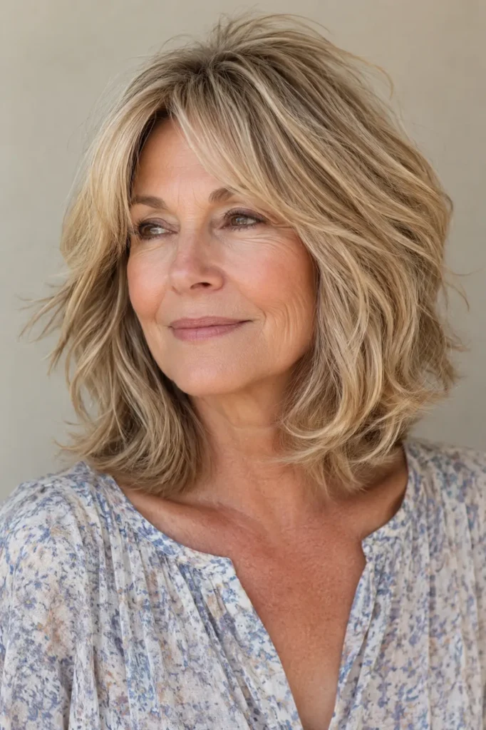 woman in her early 60s with a layered shoulder-length lob for thin hair, soft loose waves, lifted crown, subtle face-framing layers, and full-looking ends, shown in a close three-quarter portrait with natural mature skin texture.