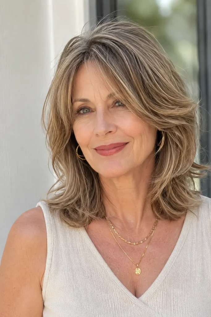 a white woman in her late 50s with a medium-length layered haircut for thin hair, featuring natural crown lift, soft cheekbone layers, fuller-looking mid-lengths, and subtle waves, shown in a three-quarter front view in natural daylight.