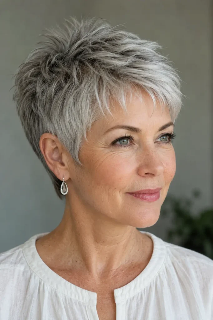 Mature white woman with a silver-gray layered choppy pixie haircut featuring feathered crown layers and tapered sides, shown in a natural three-quarter portrait.