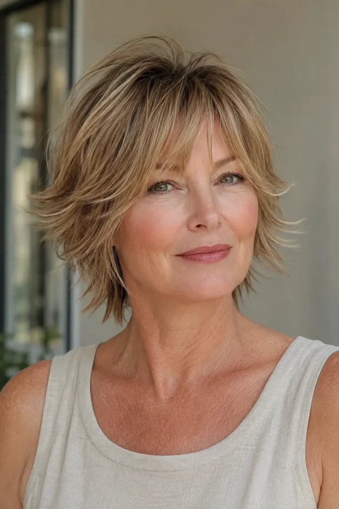woman in her late 50s with a soft layered shag haircut for thin hair, featuring airy crown layers, subtle face-framing pieces, textured ends, and natural movement. She is shown in a close upper-body three-quarter view with realistic fine hair strands, mature skin texture, natural daylight, and a neutral background.