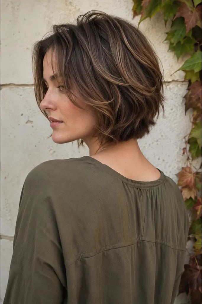 White woman with a short layered brunette bob, shown from a three-quarter rear view in an olive blouse.
