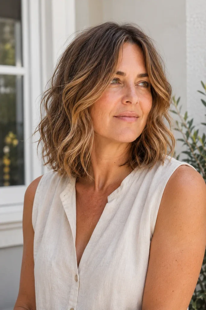 woman around 45 wearing a collarbone-length layered wavy lob with soft face-framing layers, photographed outdoors in natural daylight.