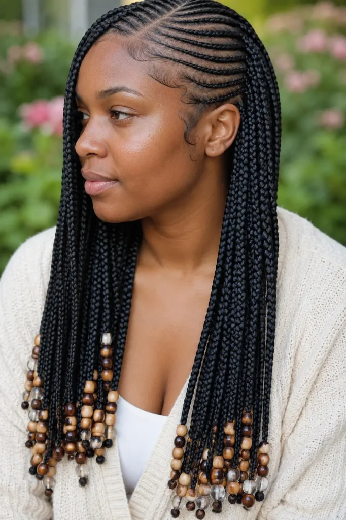 a Black woman wearing sleek side-swept lemonade braids with precise feed-in cornrows, smooth laid baby hairs, and long braids finished with neutral wooden and clear beads. She wears a modest cream cardigan against a softly blurred garden background, highlighting the detailed braid texture and natural skin.