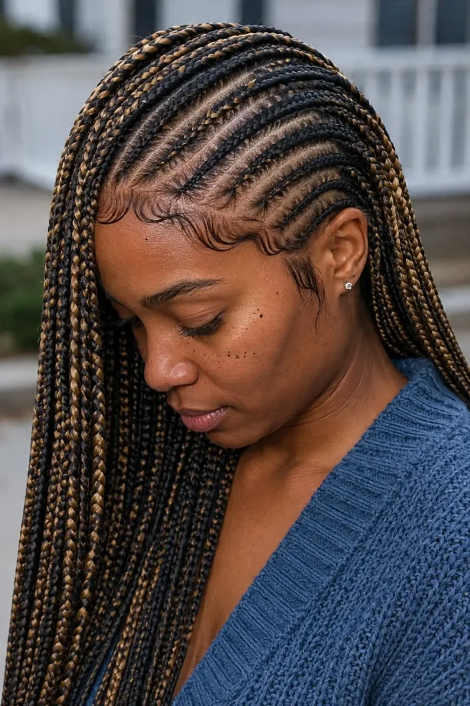 a Black woman wearing side-swept lemonade braids with soft honey blonde highlights woven through sleek feed-in cornrows, laid baby hairs, a blue cardigan, and natural skin, photographed outdoors with a softly blurred daylight background.