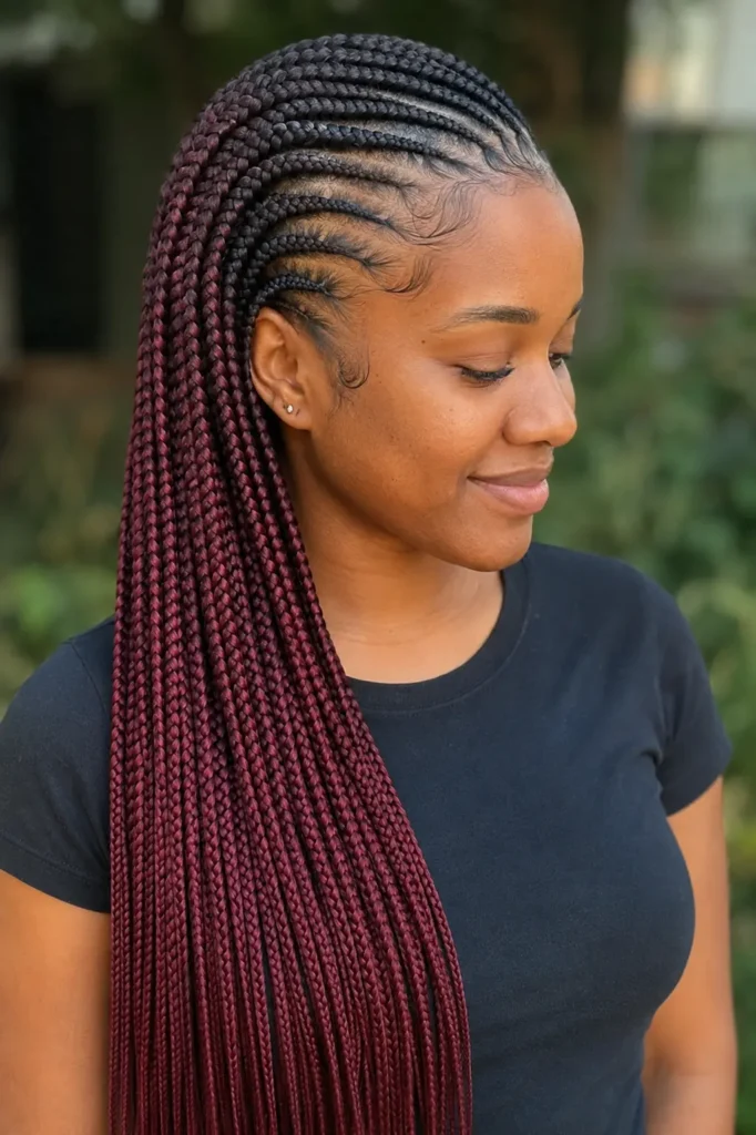 Black woman with burgundy ombre lemonade braids, sleek side-swept feed-in cornrows, and laid baby hairs, wearing a T-shirt in a softly blurred outdoor setting.