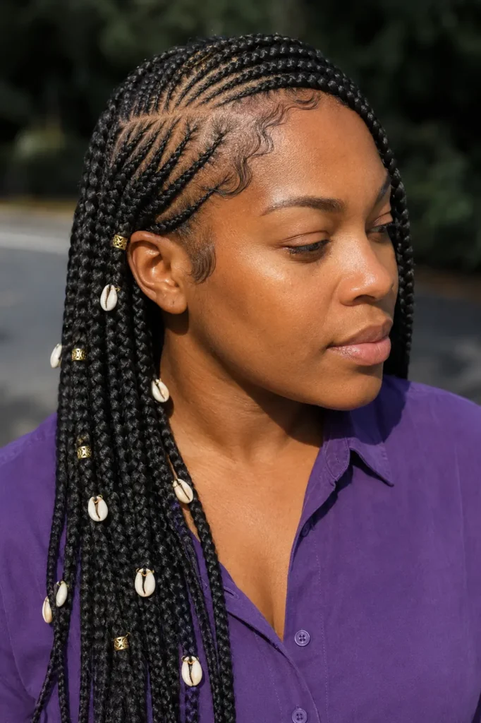 Black woman wearing sleek side-swept lemonade braids with precise feed-in cornrows and elegant cowrie shell accents, smooth laid baby hairs, glowing natural skin, and a purple button-up shirt against a softly blurred outdoor background, with the detailed braided hairstyle as the main focus.