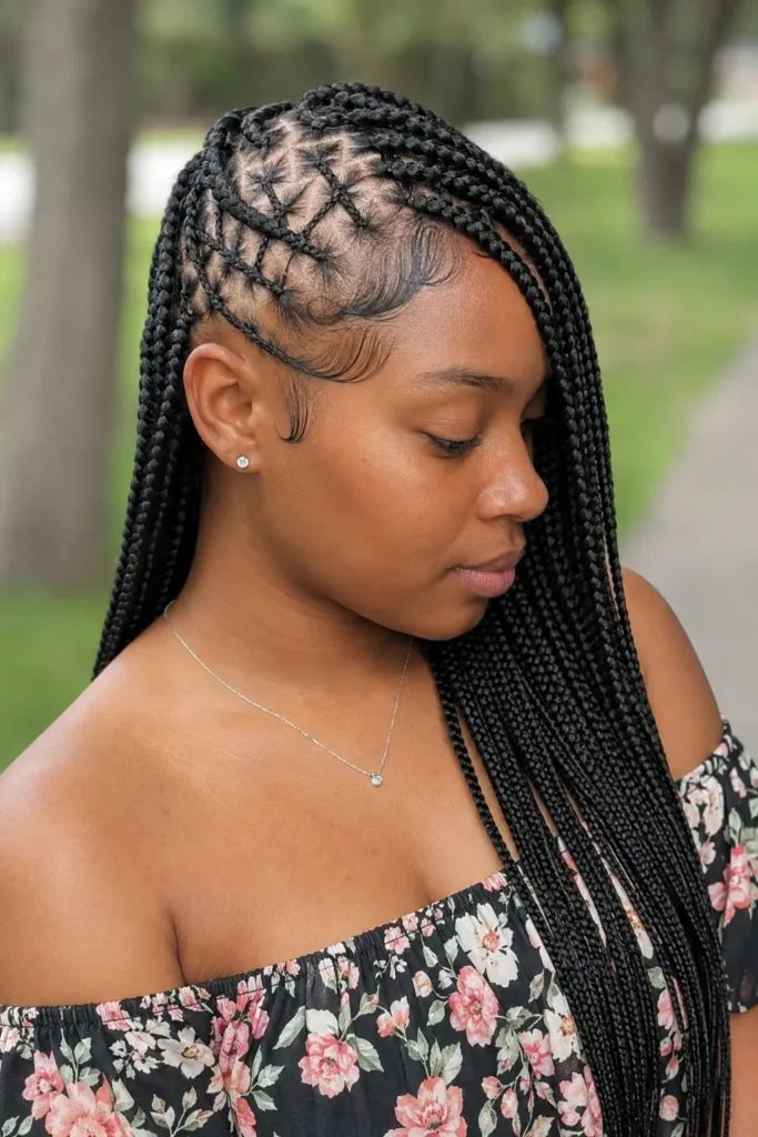 Black woman wearing lemonade braids with artistic crisscross scalp partings and sleek side-swept feed-in cornrows, smooth laid baby hairs, and long black braids, photographed outdoors in a softly blurred park while wearing a floral Western dress.