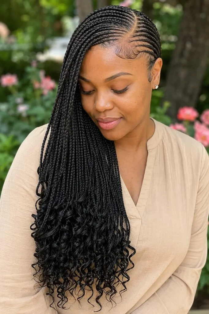 Black woman with side-swept lemonade braids ending in soft defined curls, neat feed-in cornrows, laid baby hairs, and a beige blouse in a sunlit garden.