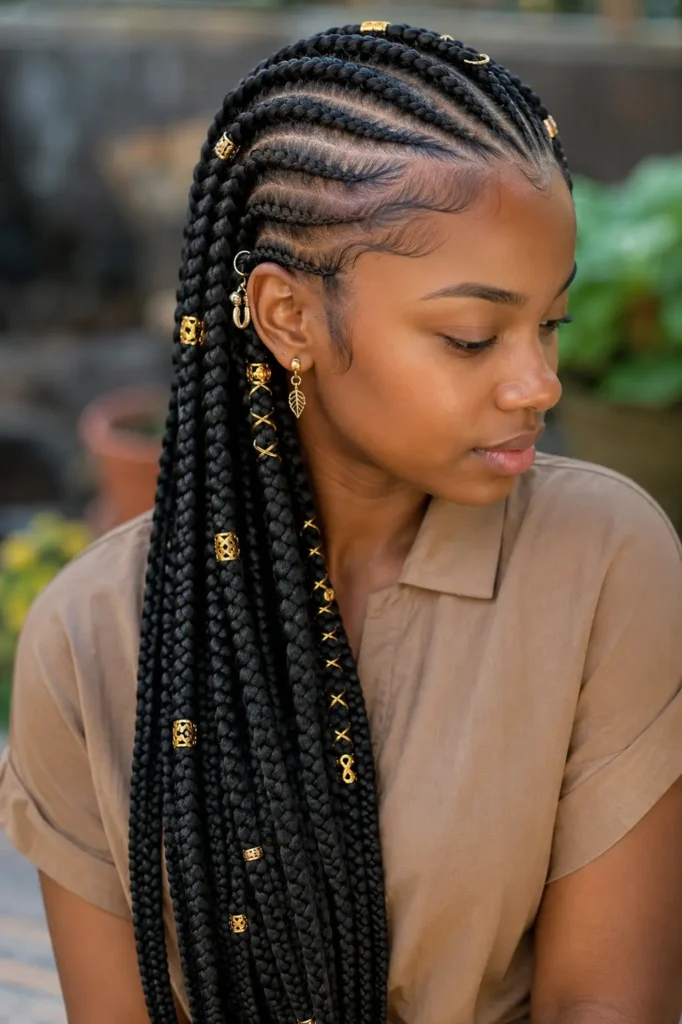 lack woman wearing sleek side-swept lemonade braids with gold braid cuffs and rings, neat feed-in cornrows, laid baby hairs, and a tan blouse against a softly blurred outdoor background.