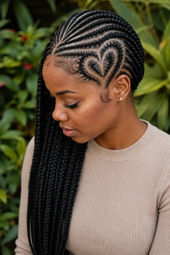 Black woman with heart-shaped lemonade braids, sleek feed-in cornrows, laid edges, and long braids over one shoulder, wearing a modest beige long-sleeve top against a softly blurred botanical background.