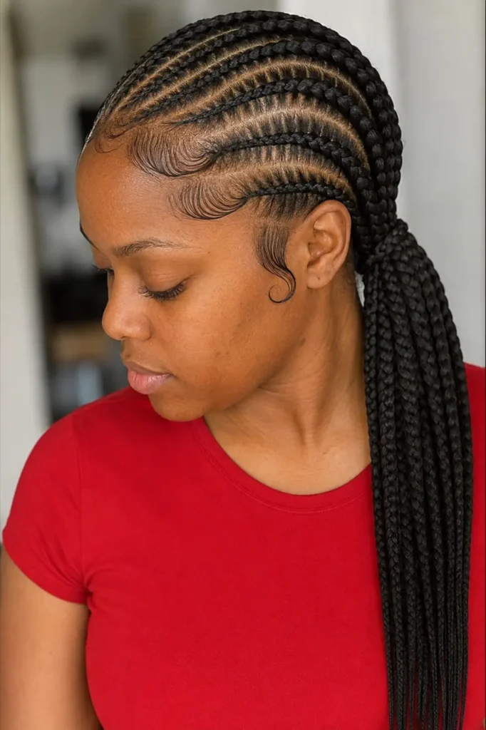 everyday Black woman wearing sleek low ponytail lemonade braids with side-swept feed-in cornrows, smooth scalp, laid baby hairs, and long braids gathered neatly at the nape. She wears a bold red shirt in a softly blurred indoor setting with natural daylight, highlighting the intricate braid texture and authentic skin details.