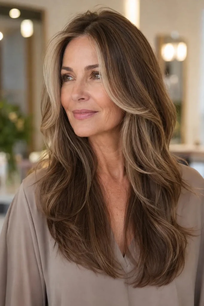 woman over 50 with long, layered medium-brown hair styled in soft waves and blonde face-framing highlights, wearing a taupe blouse in a softly blurred salon setting.